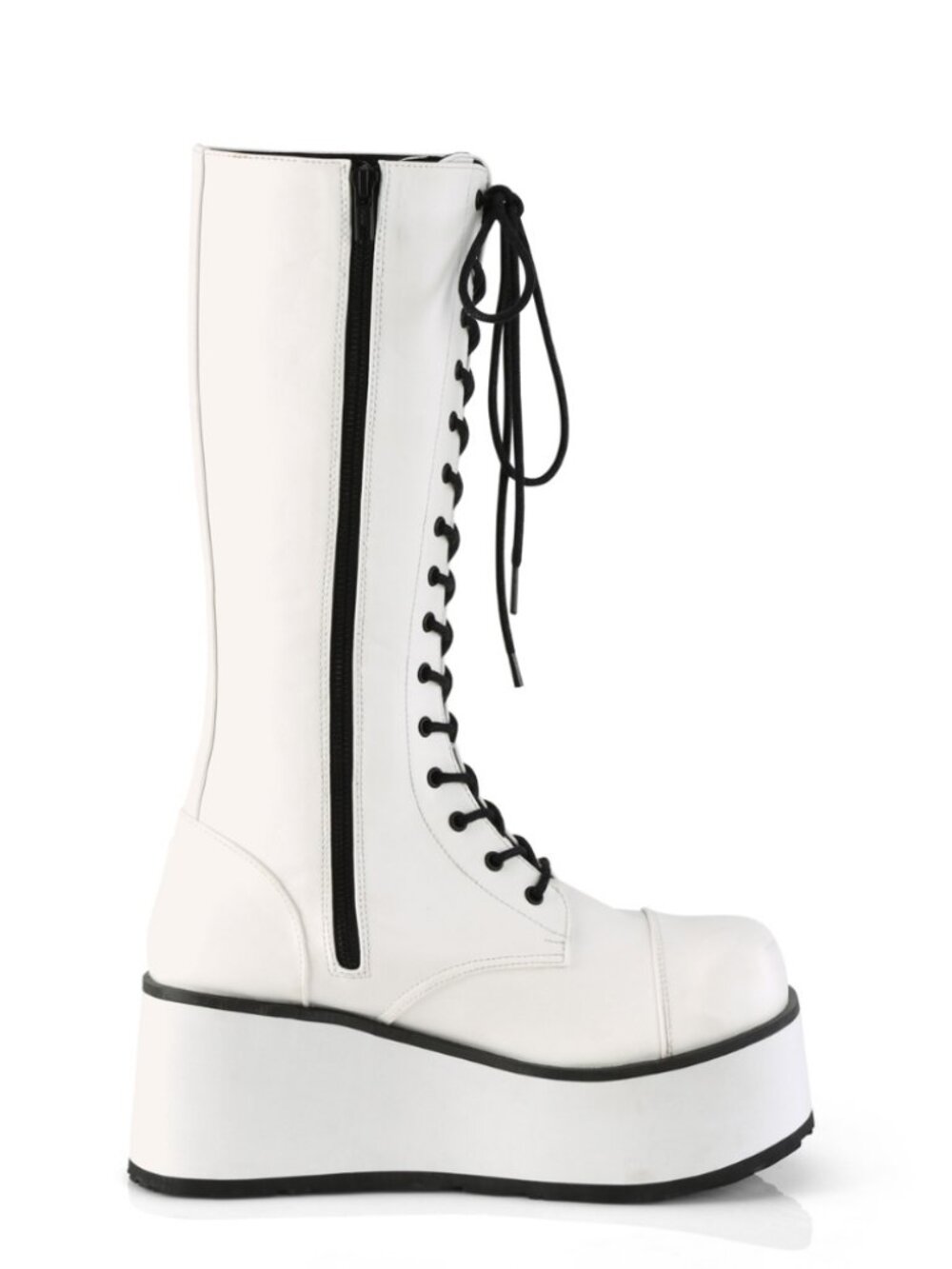 White Vegan Leather Platform Lace-Up Knee High Boots with Buckle Straps